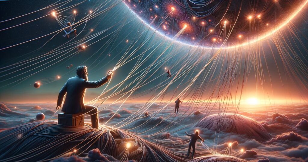 Imagem ultrarealista ilustrando a expressão 'Pull Strings' em um contexto de curiosidades e dicas culturais, incentivando a exploração da linguagem