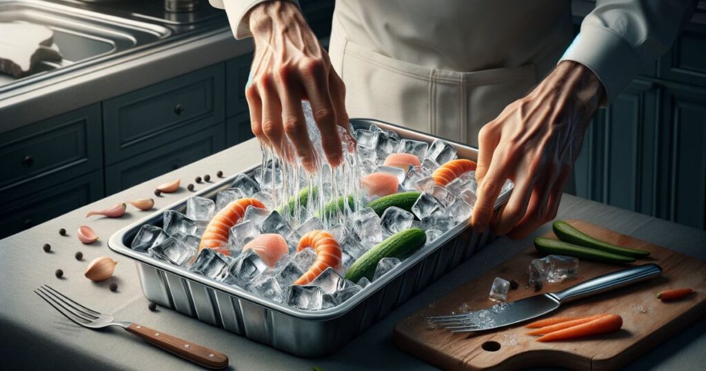 Alimentos sendo colocados cuidadosamente em uma bandeja de gelo, ilustrando a expressão 'put on ice' em um contexto doméstico