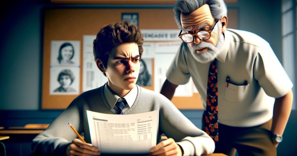 Estudante olhando confuso para a prova enquanto o professor observa com expressão severa, simbolizando a jornada de aprendizado e know better