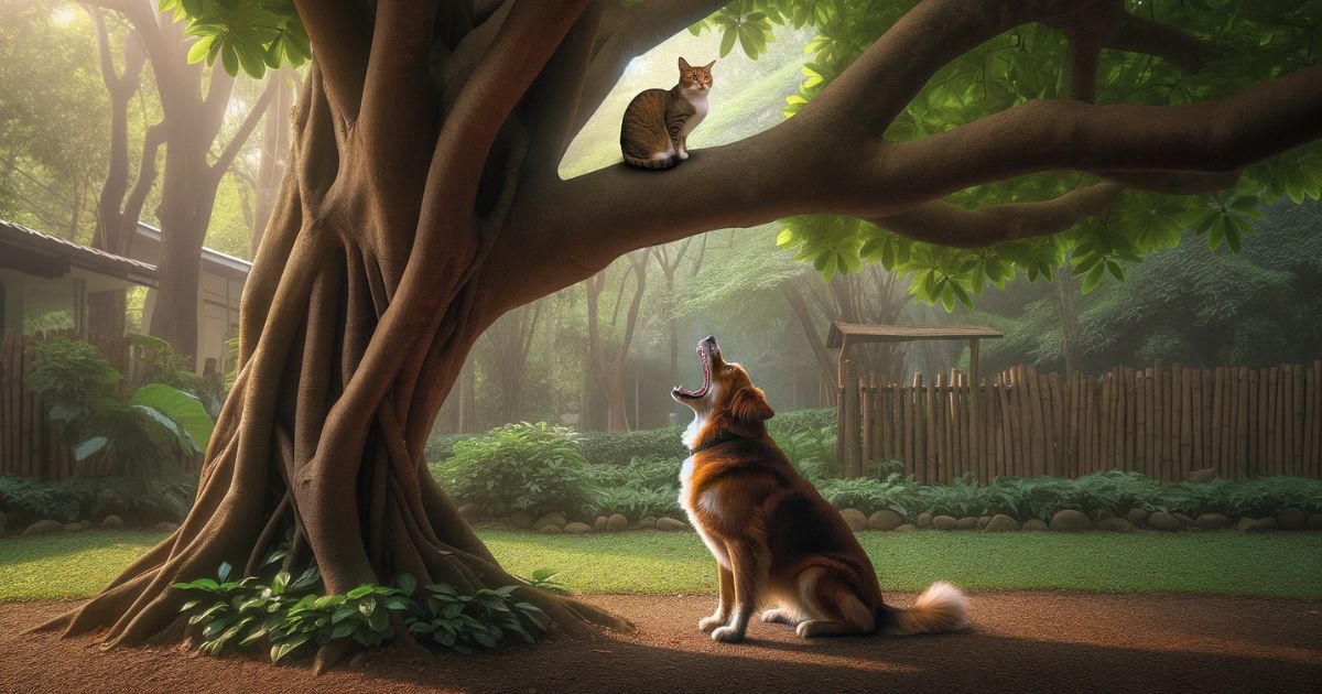 Imagem de um cachorro latindo para uma árvore, sob a qual um gato senta calmamente em um galho, olhando para baixo, para o cachorro. A cena captura a essência da expressão "Bark Up The Wrong Tree", destacando a futilidade dos esforços do cachorro e o mal-entendido da situação, em um ambiente florestal pacífico